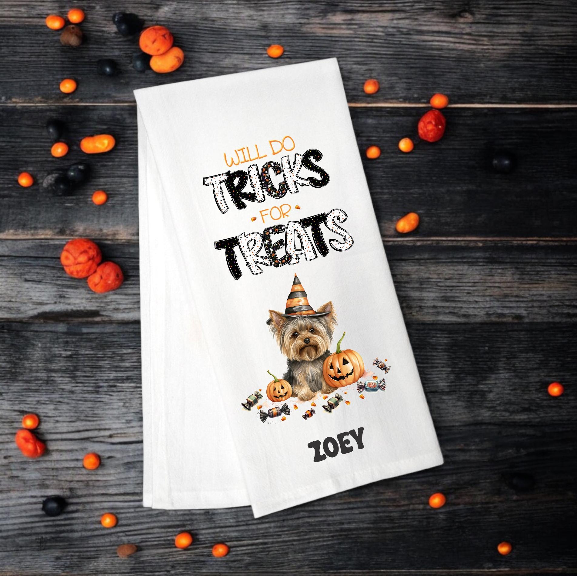 Yorkie - Will Do Tricks for Treats Tea Towel - Premium Kitchen Towel from Pat's Monograms - Just $14.95! Shop now at Pat's Monograms