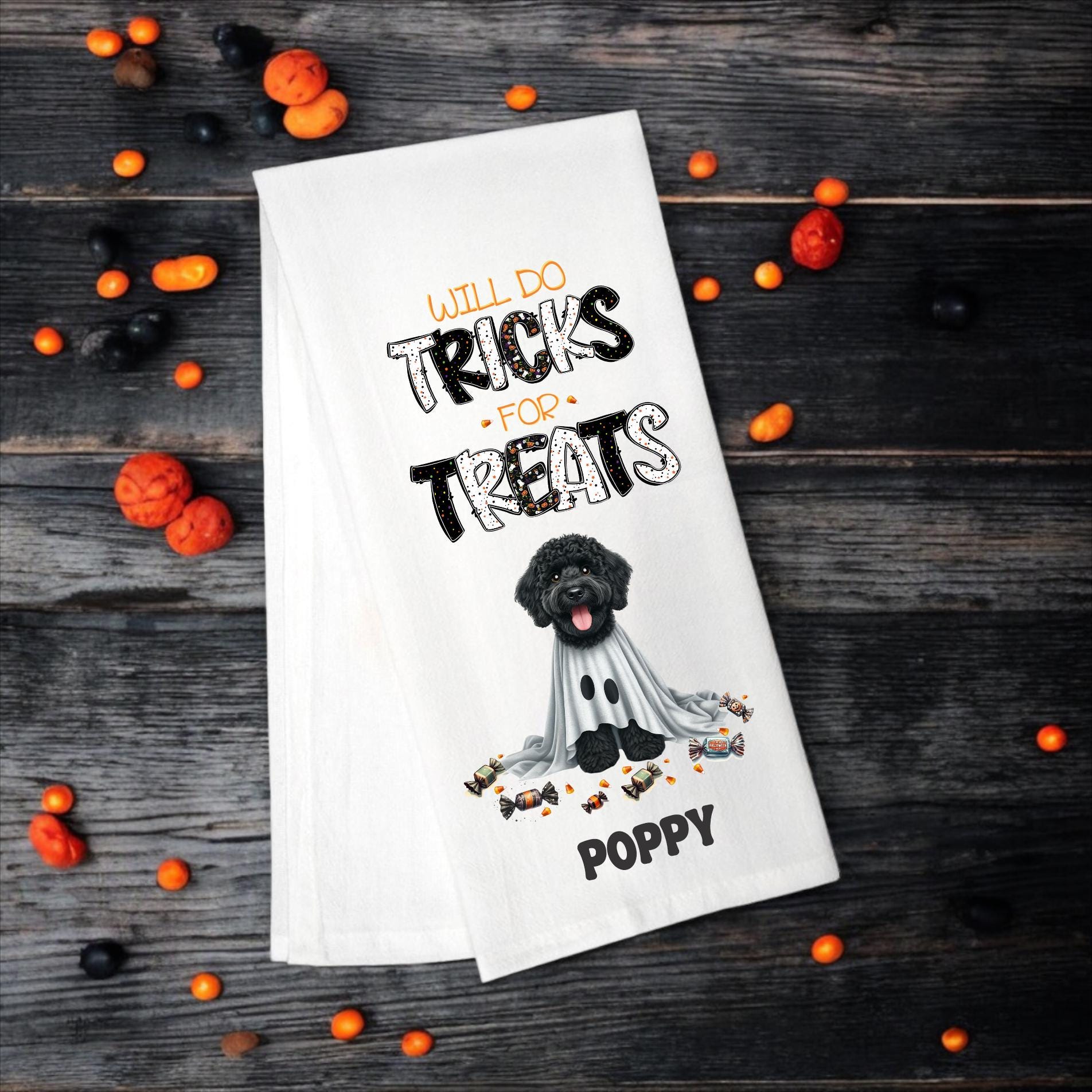 Black Doodle Dog - Will Do Tricks for Treats Tea Towel - Premium Kitchen Towel from Pat's Monograms - Just $14.95! Shop now at Pat's Monograms