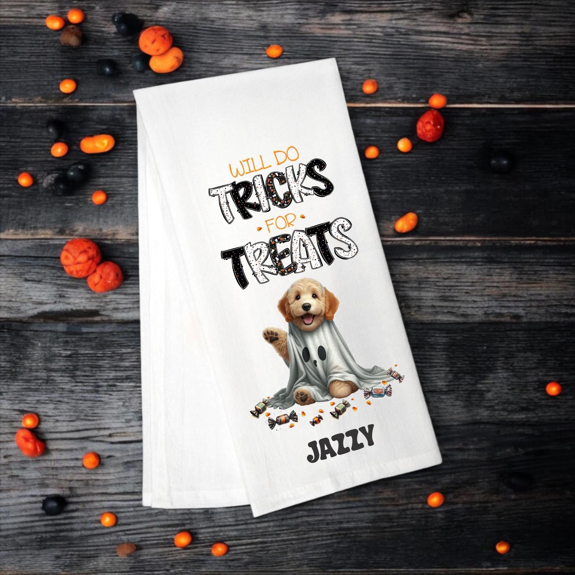 Goldendoodle - Will Do Tricks for Treats Tea Towel - Premium Kitchen Towel from Pat's Monograms - Just $14.95! Shop now at Pat's Monograms