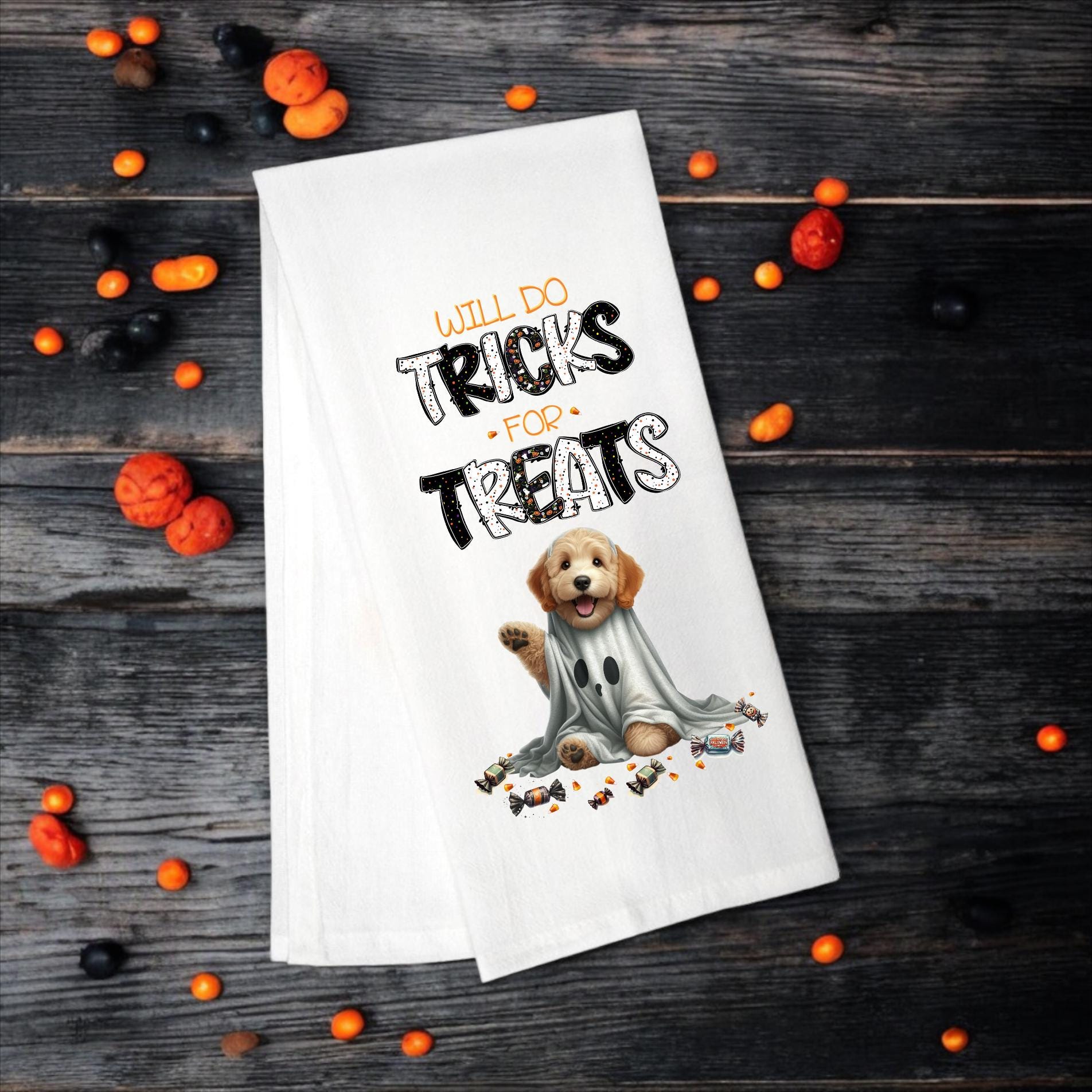 Goldendoodle - Will Do Tricks for Treats Tea Towel - Premium Kitchen Towel from Pat's Monograms - Just $14.95! Shop now at Pat's Monograms