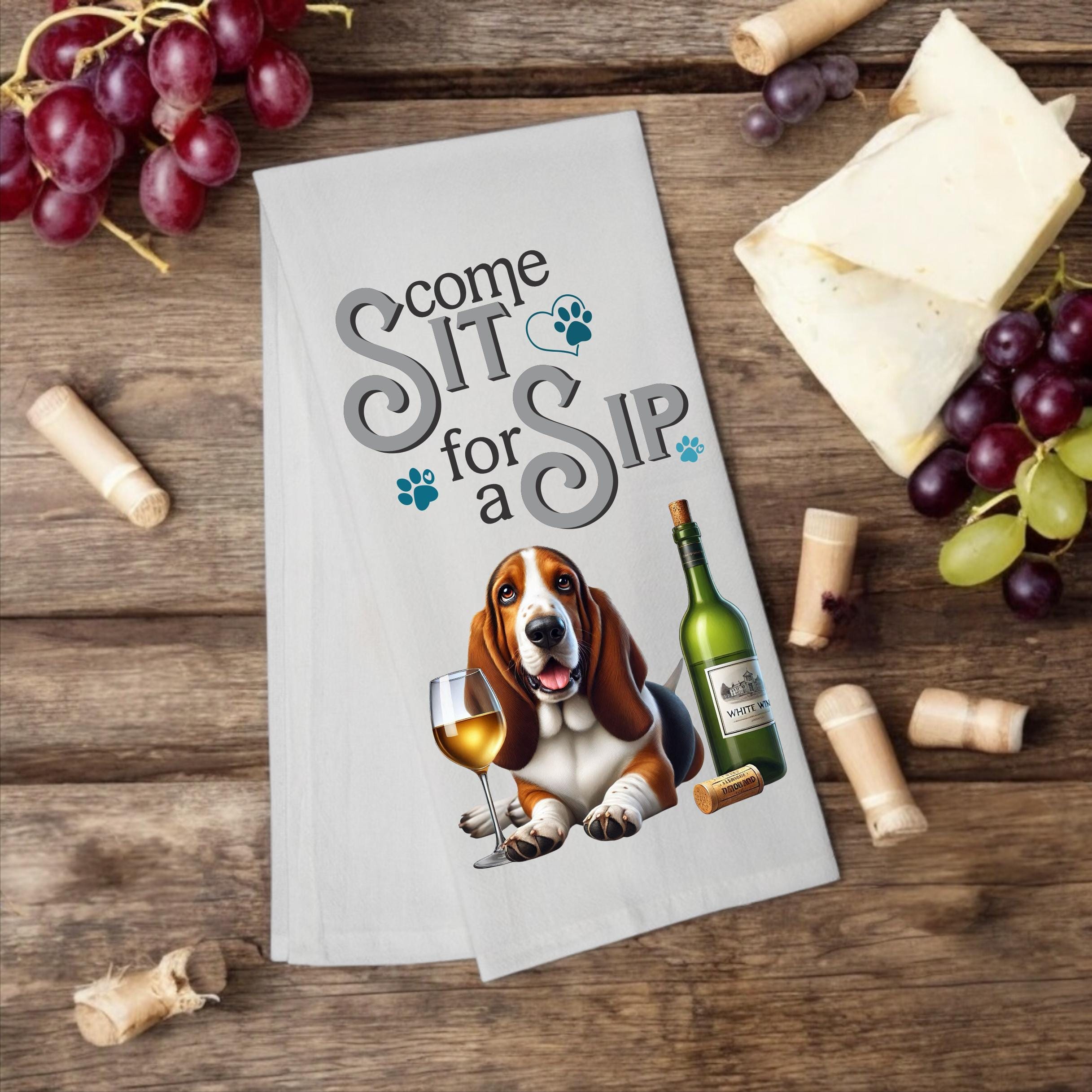 Basset Hound "Come Sit for a Sip" Wine gift for dog mom - Premium Kitchen Towel from Pat's Monograms - Just $14.95! Shop now at Pat's Monograms