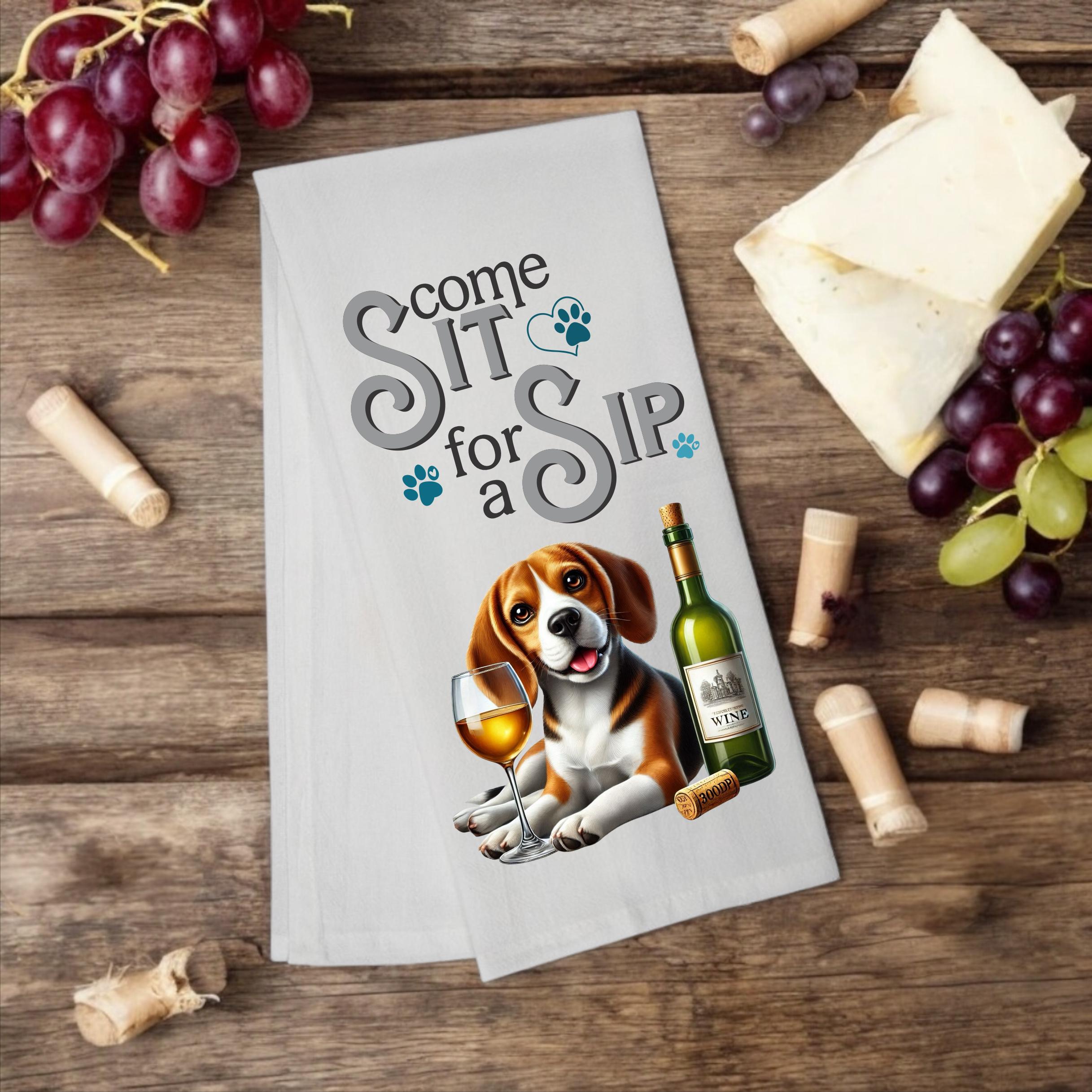 Beagle "Come Sit for a Sip" personalized tea towel, wine gift for dog mom - Premium Kitchen Towel from Pat's Monograms - Just $14.95! Shop now at Pat's Monograms