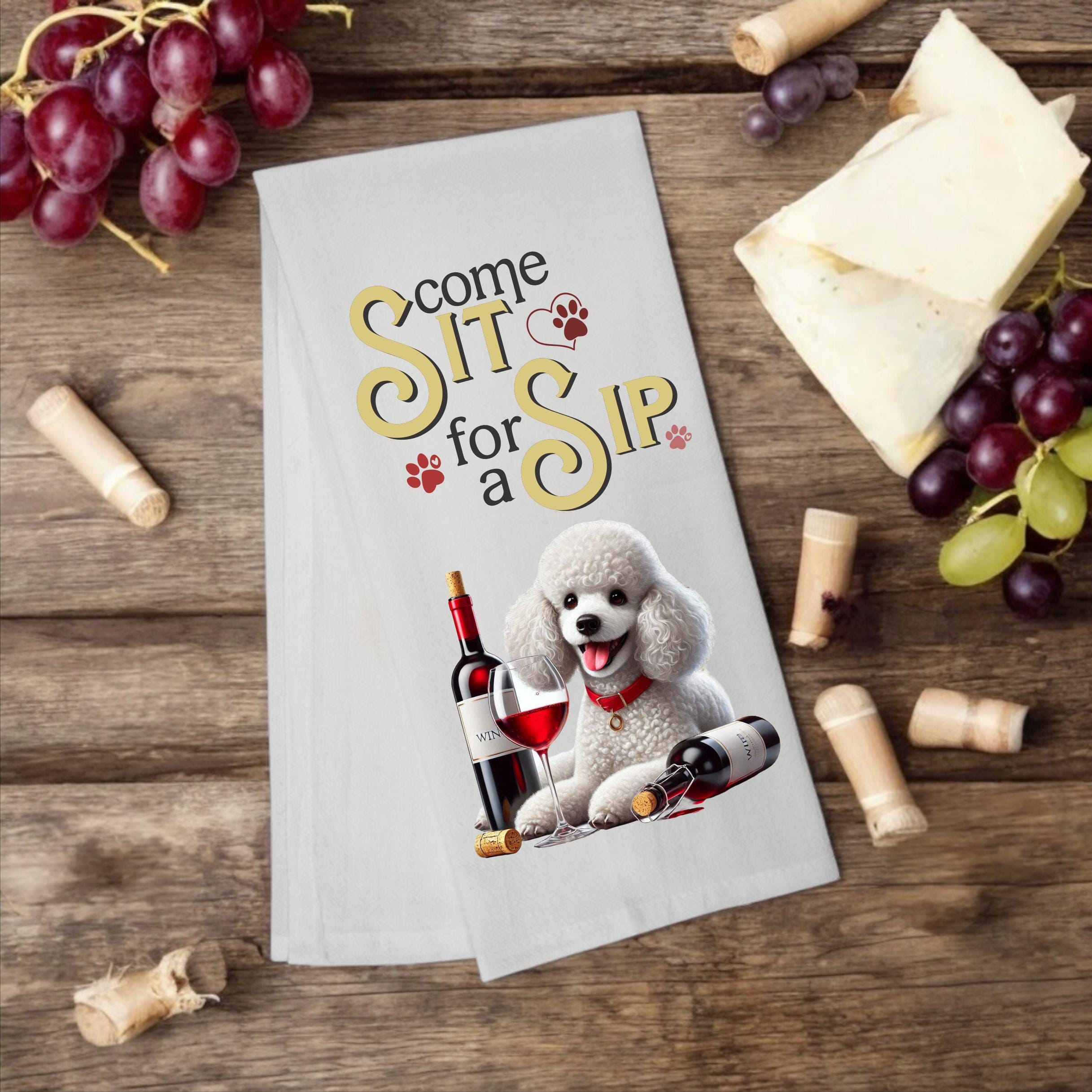 Poodle "Come Sit for a Sip" tea towel - Premium Kitchen Towel from Pat's Monograms - Just $14.95! Shop now at Pat's Monograms