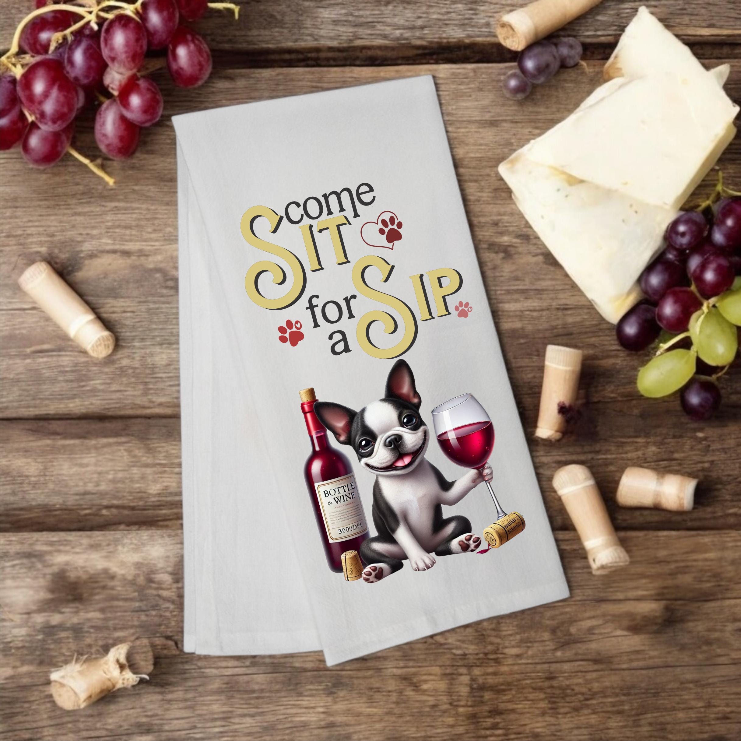 Boston Terrier "Come Sit for a Sip" tea towel - Premium Kitchen Towel from Pat's Monograms - Just $14.95! Shop now at Pat's Monograms