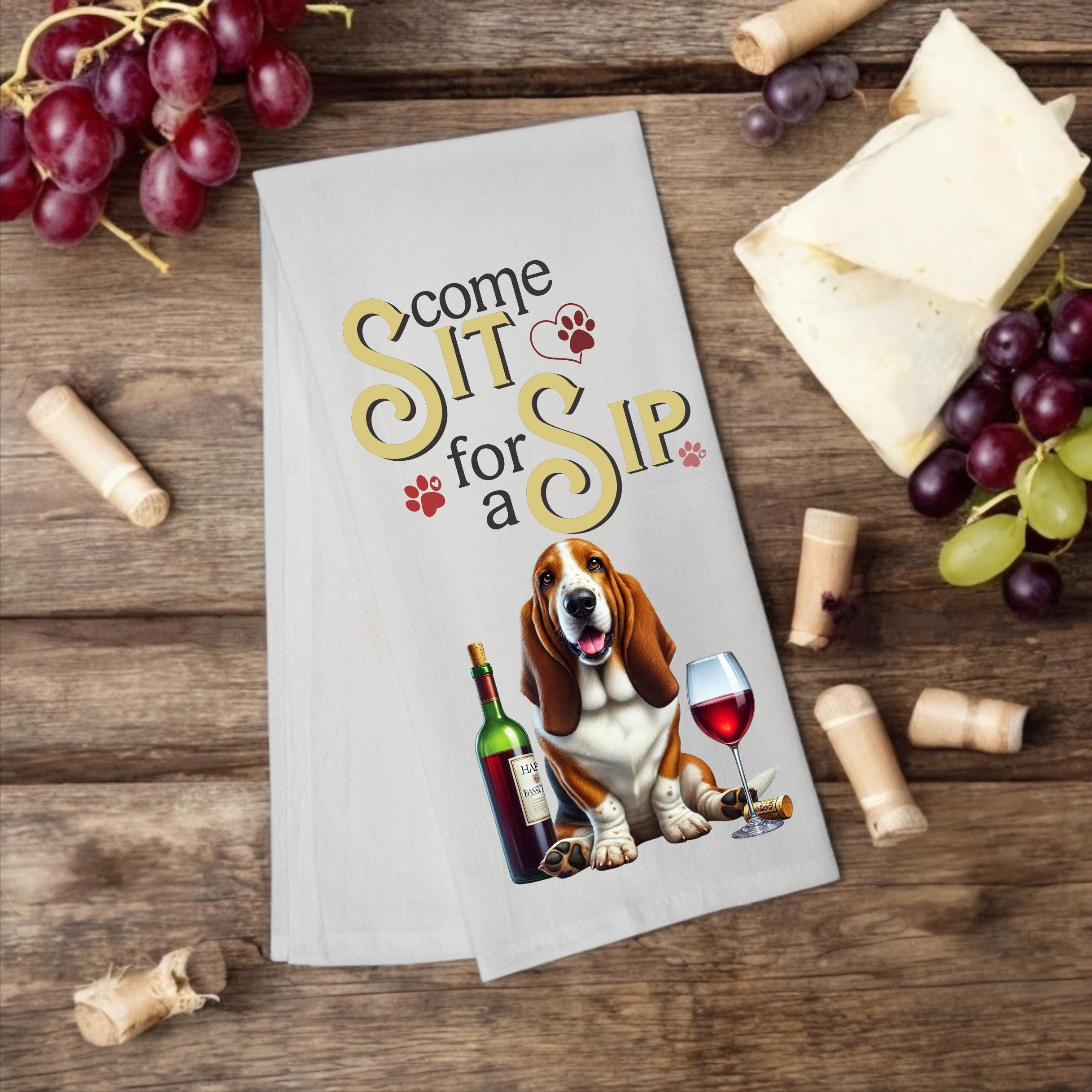 Basset Hound "Come Sit for a Sip" Wine gift for dog mom - Premium Kitchen Towel from Pat's Monograms - Just $14.95! Shop now at Pat's Monograms