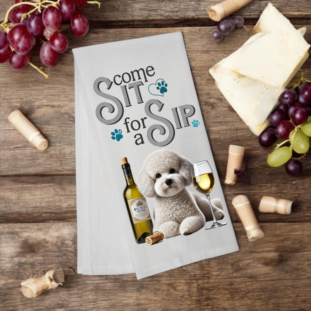 Bichon Frise "Come Sit for a Sip" Tea Towel  personalized gift for dog mom - Premium Kitchen Towel from Pat's Monograms - Just $14.95! Shop now at Pat's Monograms