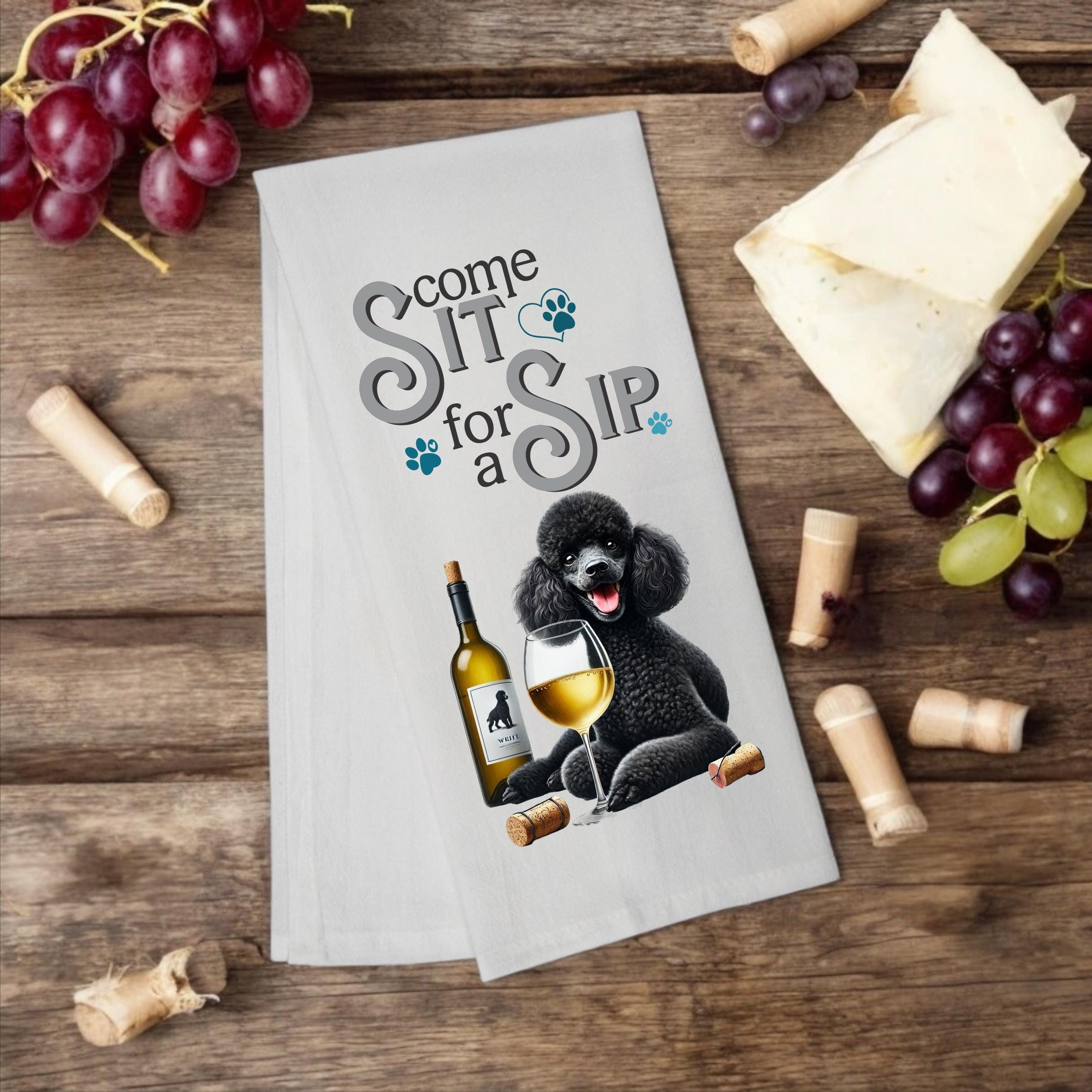 Poodle "Come Sit for a Sip" tea towel - Premium Kitchen Towel from Pat's Monograms - Just $14.95! Shop now at Pat's Monograms