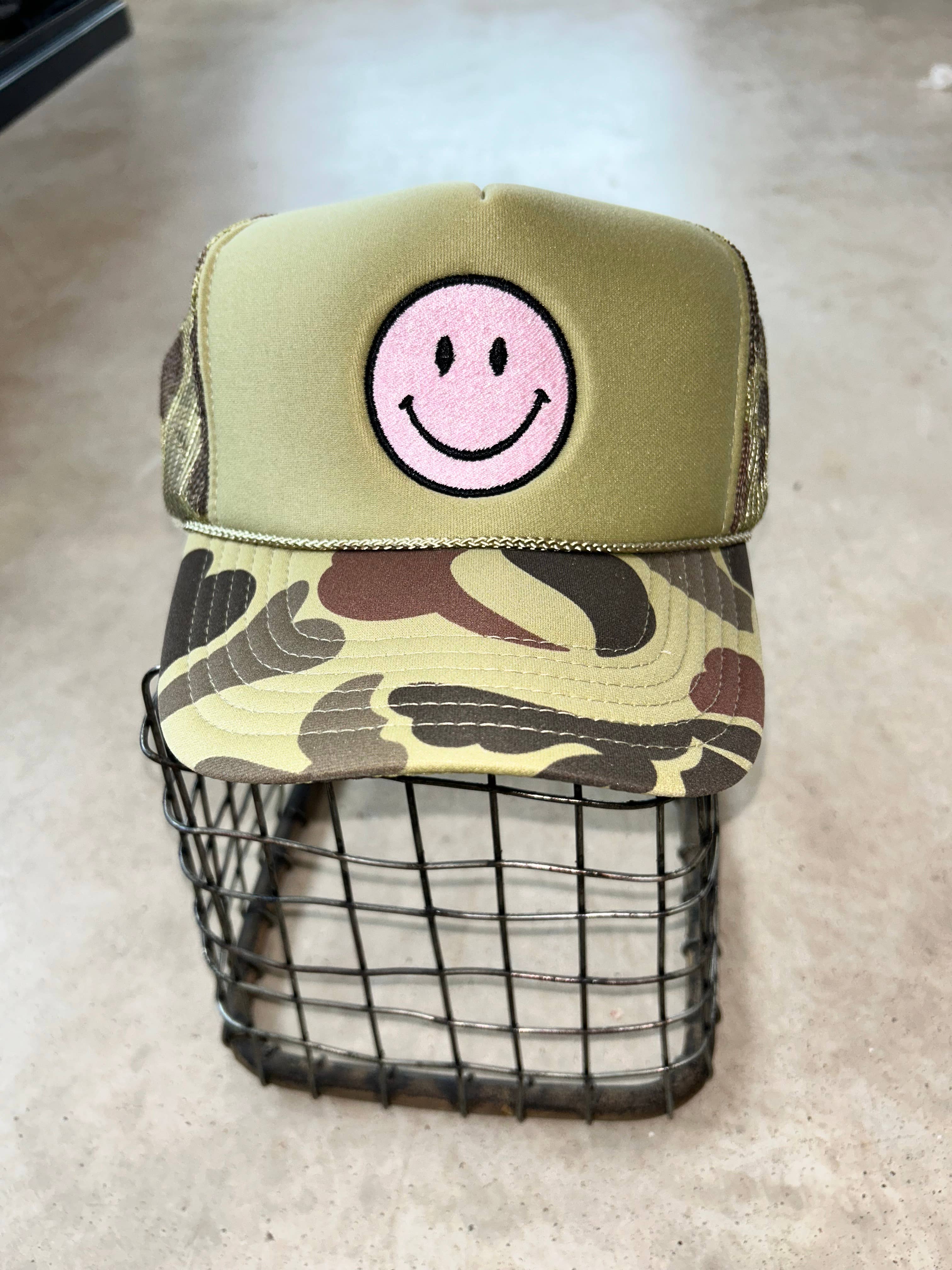 Pink Smiley Camo Foam Trucker - Premium  from Vibes Hat Company - Just $22.95! Shop now at Pat's Monograms