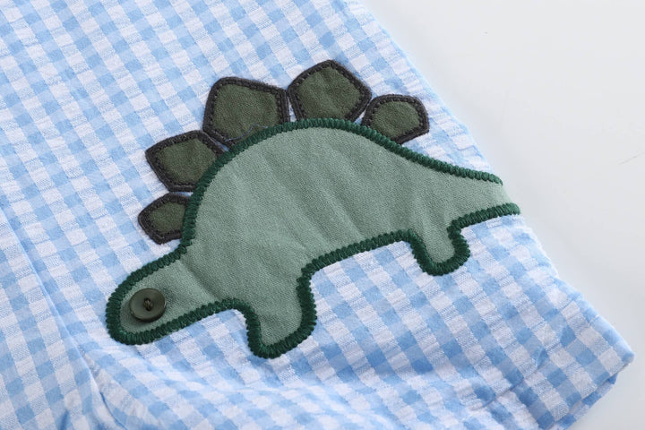 Lil Cactus - Blue Gingham Dinosaur Applique Shortalls - Premium Baby & Toddler Outfits from Lil Cactus - Just $28.95! Shop now at Pat's Monograms