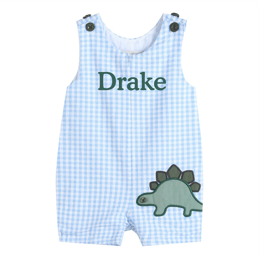 Lil Cactus - Blue Gingham Dinosaur Applique Shortalls - Premium Baby & Toddler Outfits from Lil Cactus - Just $28.95! Shop now at Pat's Monograms