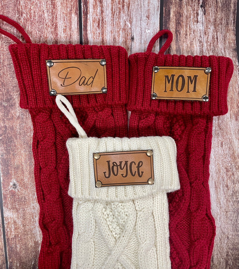 Personalized Knitted Christmas Stocking with Genuine Leather Patch - Premium holiday from Pat's Monograms - Just $28.95! Shop now at Pat's Monograms