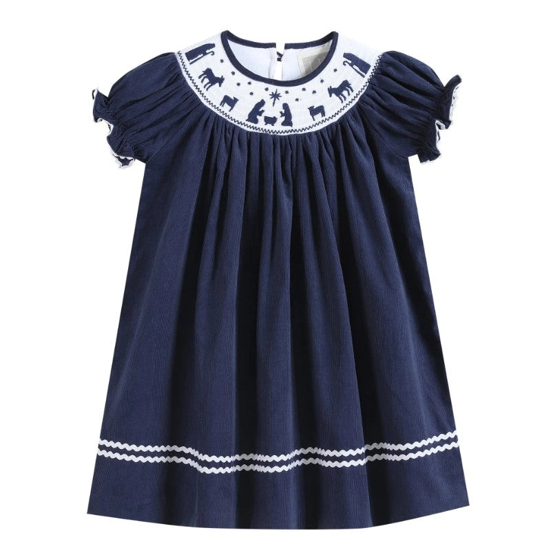 Buy Dark Blue Corduroy Nativity Smocked Dress by Lil Cactus Pat's Monograms Buy Dark Blue Corduroy Nativity Smocked Dress by Lil Cactus Pat's Monograms