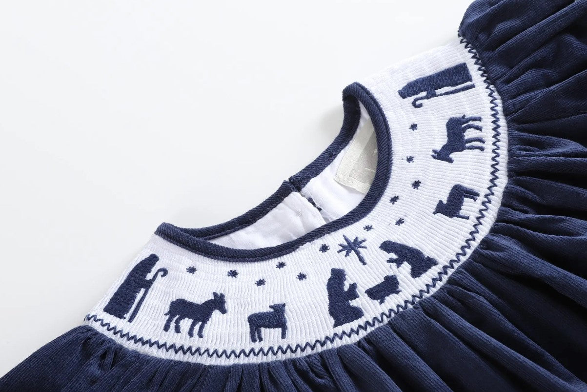 Dark Blue Corduroy Nativity Smocked Dress - Premium Baby & Toddler Dresses from Lil Cactus - Just $32.95! Shop now at Pat's Monograms