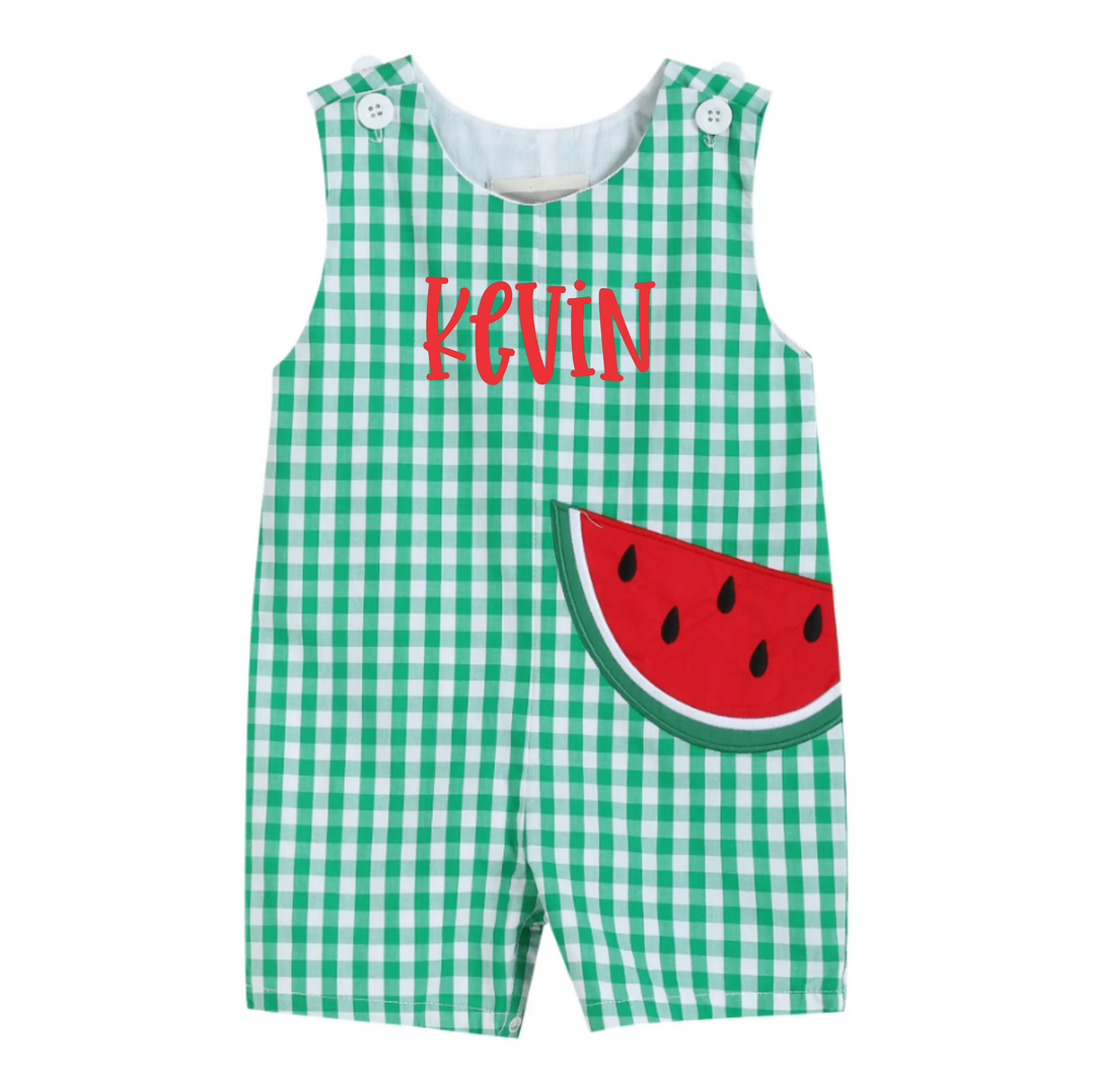 Lil Cactus - Green Gingham Watermelon Applique Shortalls - Premium Baby & Toddler Outfits from Lil Cactus - Just $29.95! Shop now at Pat's Monograms