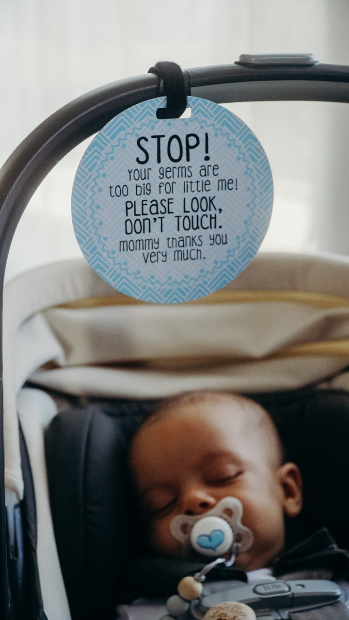 Blue STOP No Touching Car Seat and Stroller Tag - Premium Infant Accessories from Three Little Tots - Just $9.95! Shop now at Pat's Monograms