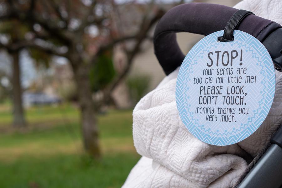 Blue STOP No Touching Car Seat and Stroller Tag - Premium Infant Accessories from Three Little Tots - Just $9.95! Shop now at Pat's Monograms