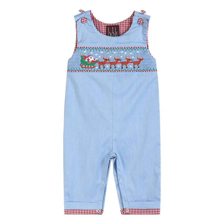 Lil Cactus - Light Blue Smocked Santa and Sleigh Overalls - Premium Baby & Toddler Outfits from Lil Cactus - Just $32.95! Shop now at Pat's Monograms