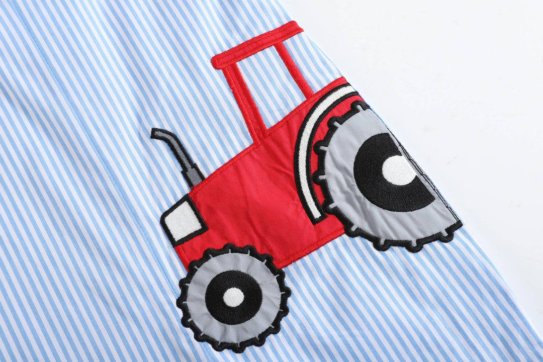 Lil Cactus - Light Blue Pinstripe Tractor Applique Shortalls - Premium Baby & Toddler Outfits from Lil Cactus - Just $28.95! Shop now at Pat's Monograms